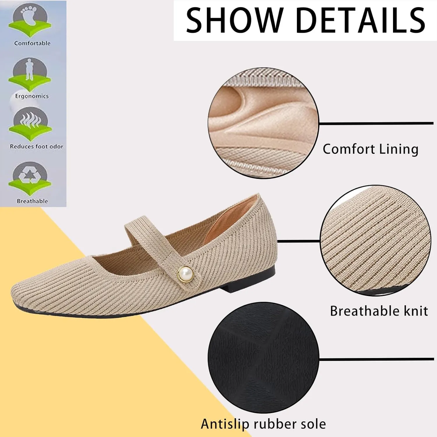 Women's Knit Mary Jane Flats - Lightweight Breathable Slip-On Flats with Adjustable Hook Loop, Pointed Toe Dressy Casual Shoes for Women Machine Washable
