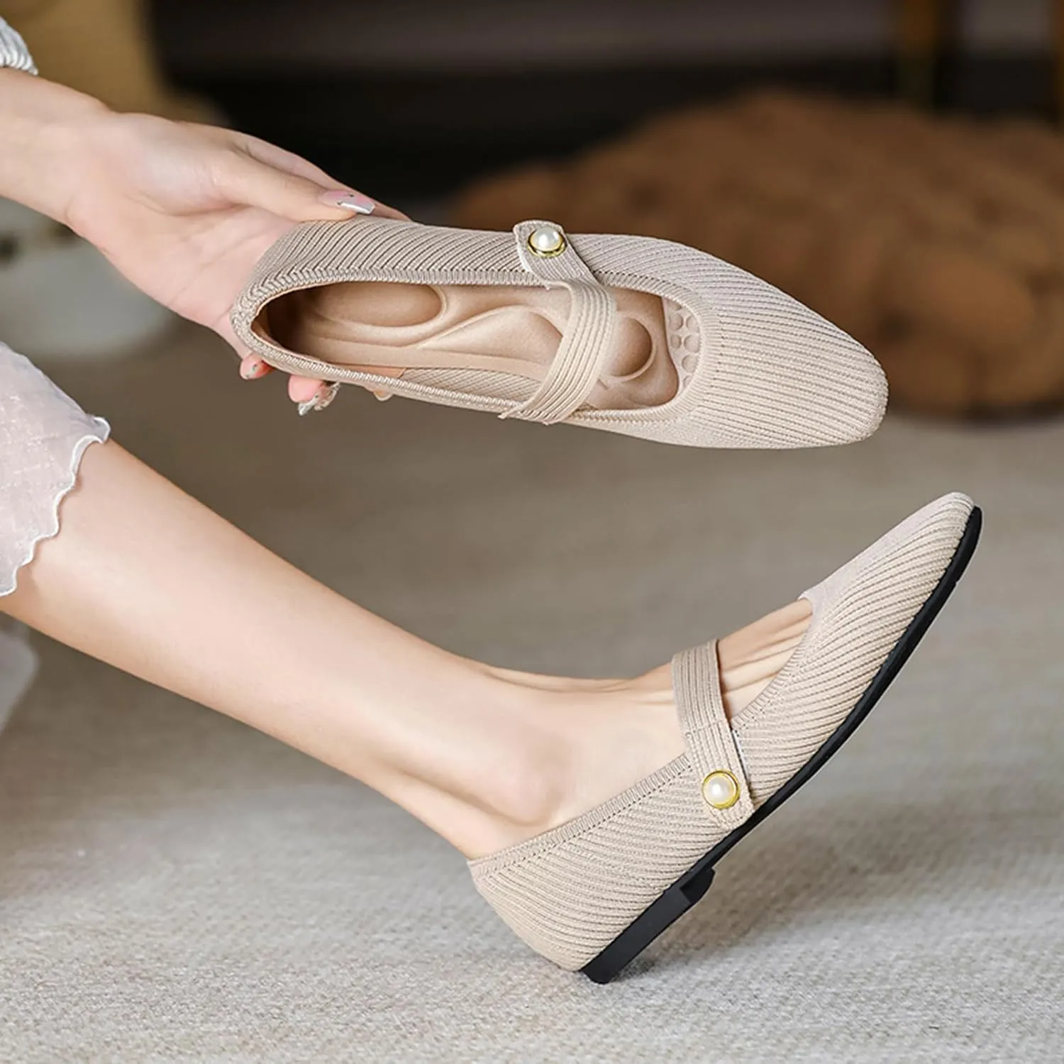 Women's Knit Mary Jane Flats - Lightweight Breathable Slip-On Flats with Adjustable Hook Loop, Pointed Toe Dressy Casual Shoes for Women Machine Washable