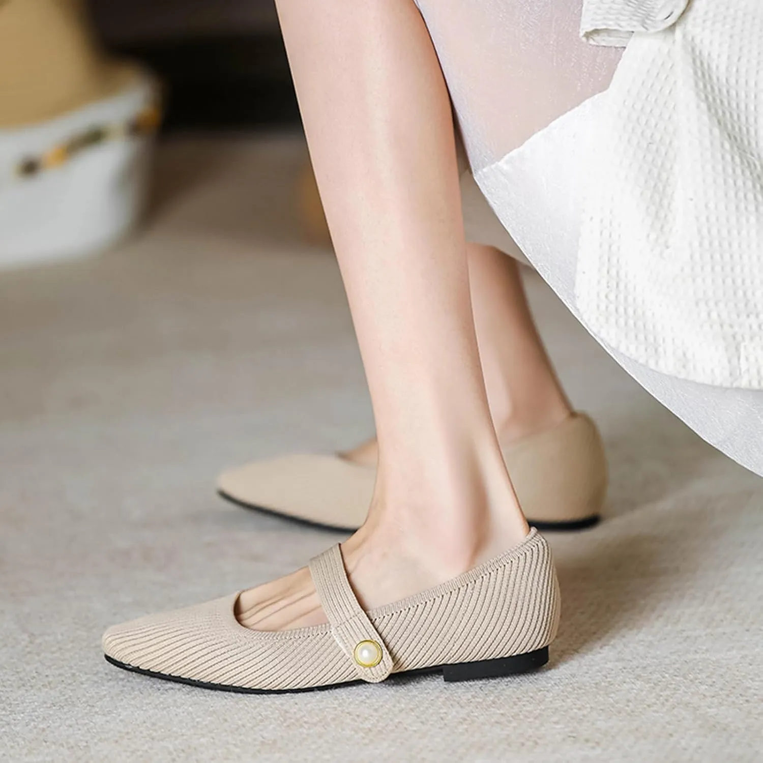 Women's Knit Mary Jane Flats - Lightweight Breathable Slip-On Flats with Adjustable Hook Loop, Pointed Toe Dressy Casual Shoes for Women Machine Washable