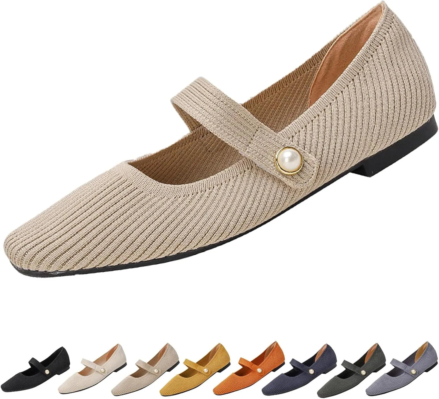 Women's Knit Mary Jane Flats - Lightweight Breathable Slip-On Flats with Adjustable Hook Loop, Pointed Toe Dressy Casual Shoes for Women Machine Washable
