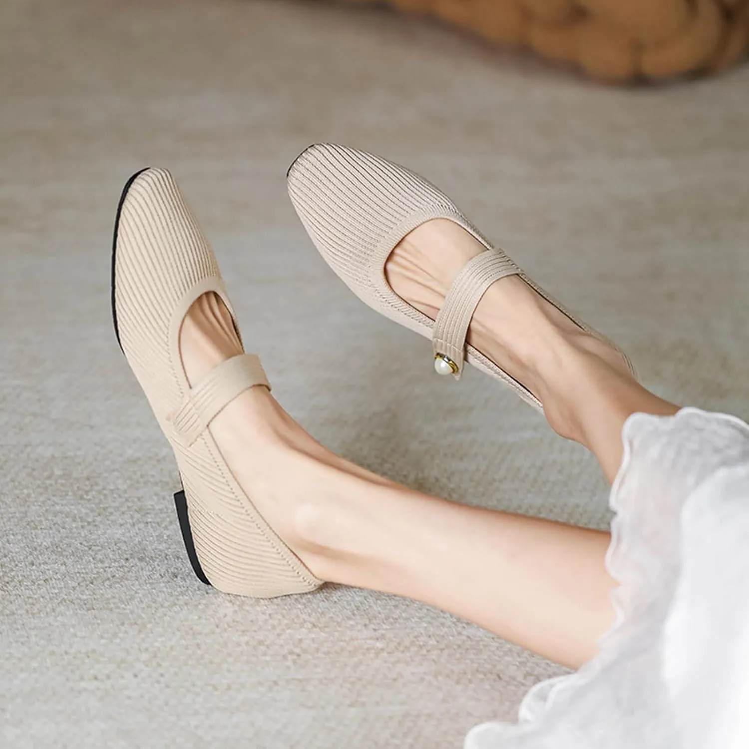 Women's Knit Mary Jane Flats - Lightweight Breathable Slip-On Flats with Adjustable Hook Loop, Pointed Toe Dressy Casual Shoes for Women Machine Washable