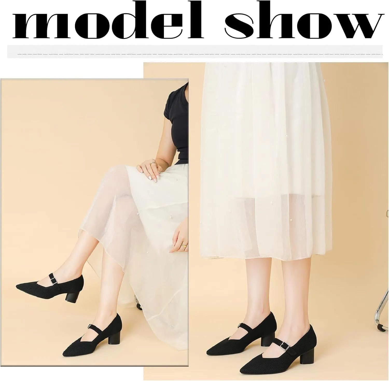 Women's Knit Mary Janes Chunky Heel Pumps with Adjust Buckle Strap Fashion Breathable Closed Pointed Toe Low Block Heels Dress Shoes for Party Office Work Shoes