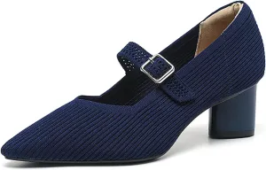 Women's Knit Mary Janes Chunky Heel Pumps with Adjust Buckle Strap Fashion Breathable Closed Pointed Toe Low Block Heels Dress Shoes for Party Office Work Shoes