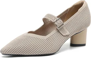 Women's Knit Mary Janes Chunky Heel Pumps with Adjust Buckle Strap Fashion Breathable Closed Pointed Toe Low Block Heels Dress Shoes for Party Office Work Shoes