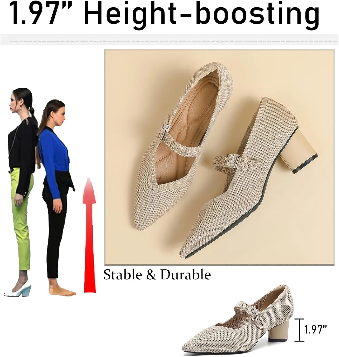Women's Knit Mary Janes Chunky Heel Pumps with Adjust Buckle Strap Fashion Breathable Closed Pointed Toe Low Block Heels Dress Shoes for Party Office Work Shoes