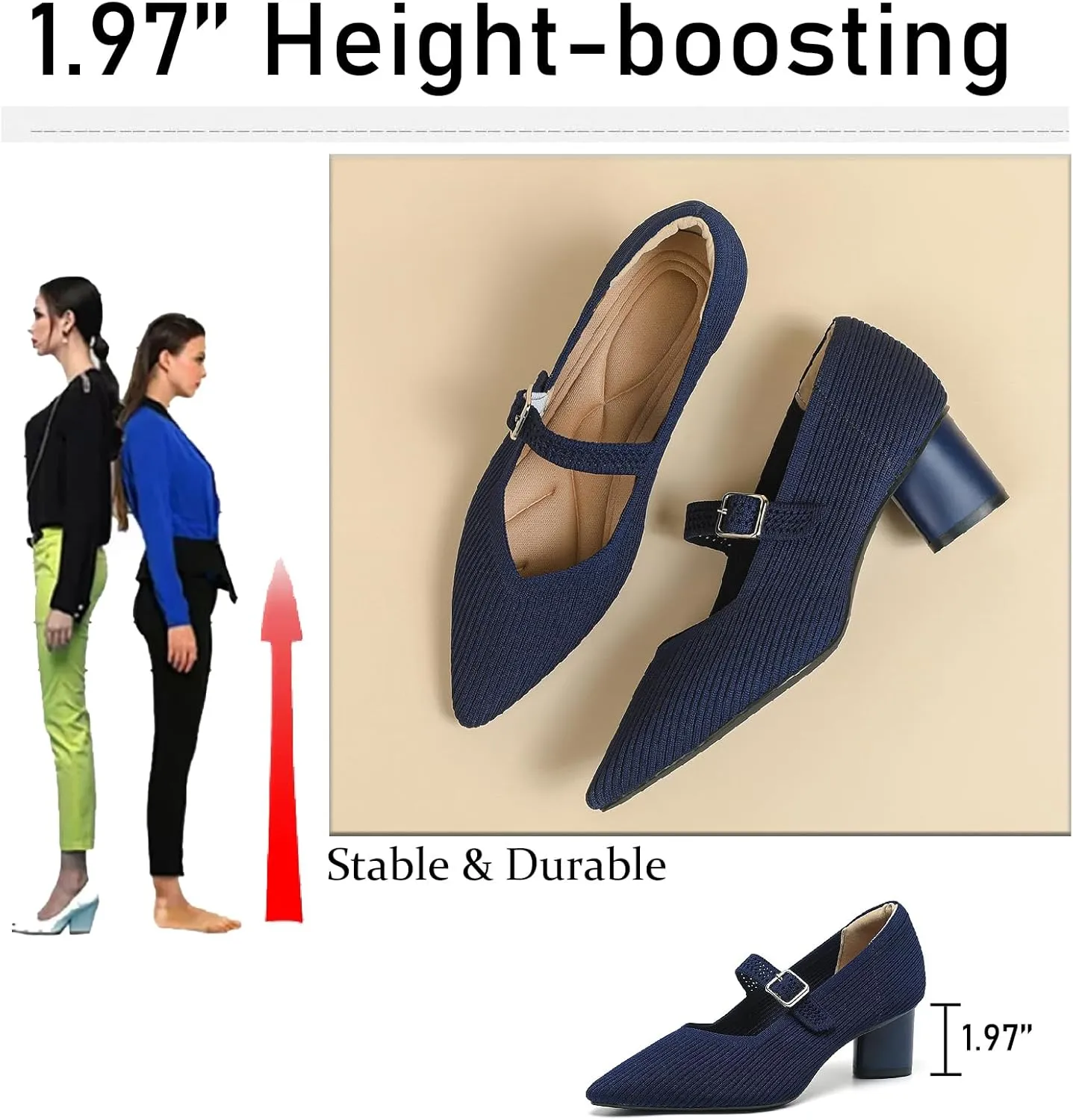 Women's Knit Mary Janes Chunky Heel Pumps with Adjust Buckle Strap Fashion Breathable Closed Pointed Toe Low Block Heels Dress Shoes for Party Office Work Shoes