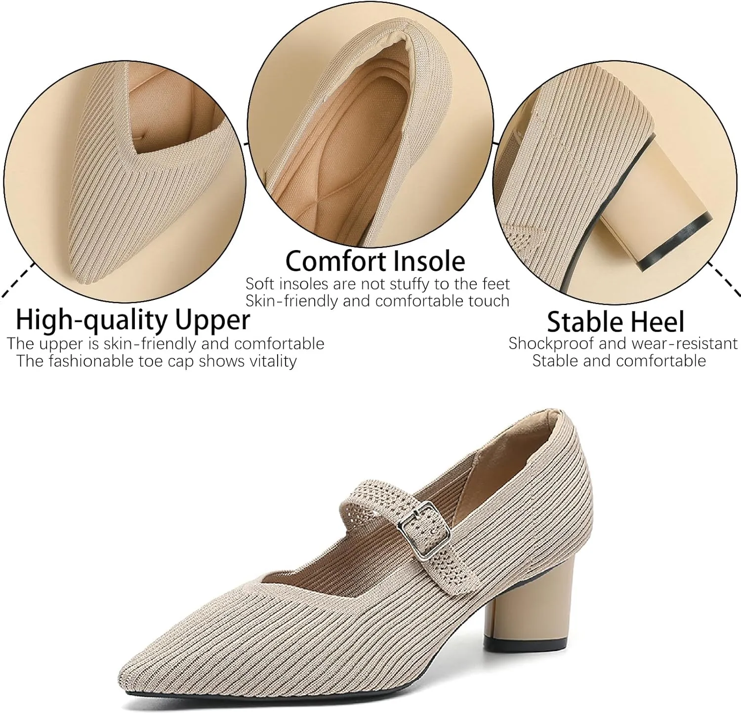 Women's Knit Mary Janes Chunky Heel Pumps with Adjust Buckle Strap Fashion Breathable Closed Pointed Toe Low Block Heels Dress Shoes for Party Office Work Shoes
