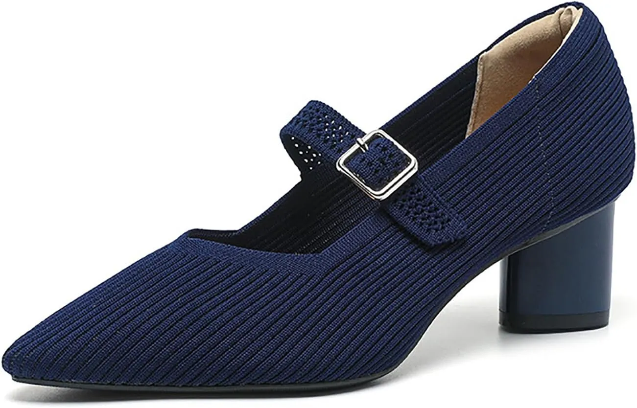 Women's Knit Mary Janes Chunky Heel Pumps with Adjust Buckle Strap Fashion Breathable Closed Pointed Toe Low Block Heels Dress Shoes for Party Office Work Shoes