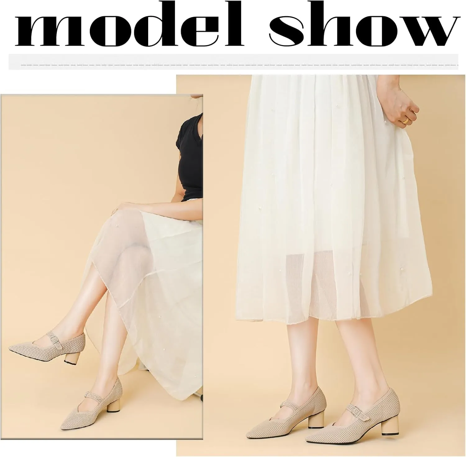 Women's Knit Mary Janes Chunky Heel Pumps with Adjust Buckle Strap Fashion Breathable Closed Pointed Toe Low Block Heels Dress Shoes for Party Office Work Shoes