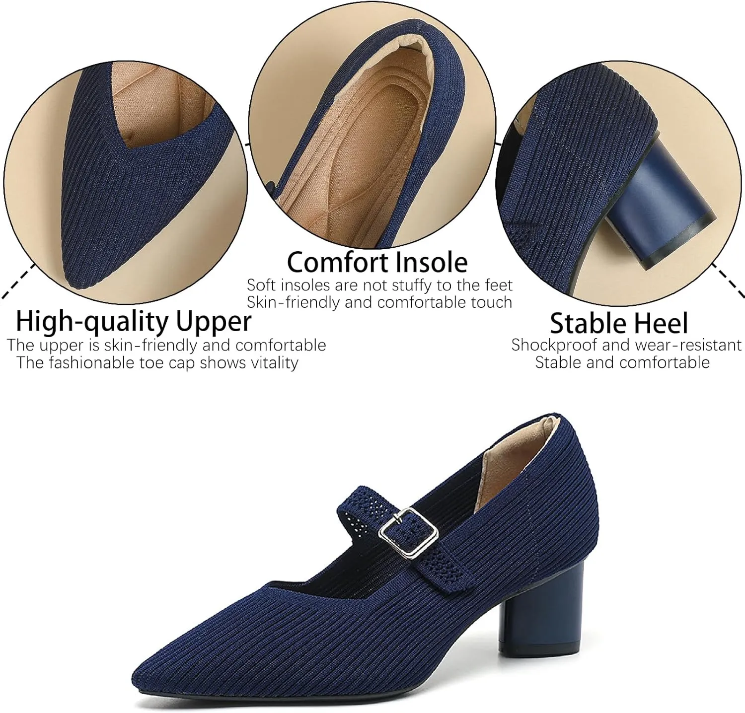Women's Knit Mary Janes Chunky Heel Pumps with Adjust Buckle Strap Fashion Breathable Closed Pointed Toe Low Block Heels Dress Shoes for Party Office Work Shoes