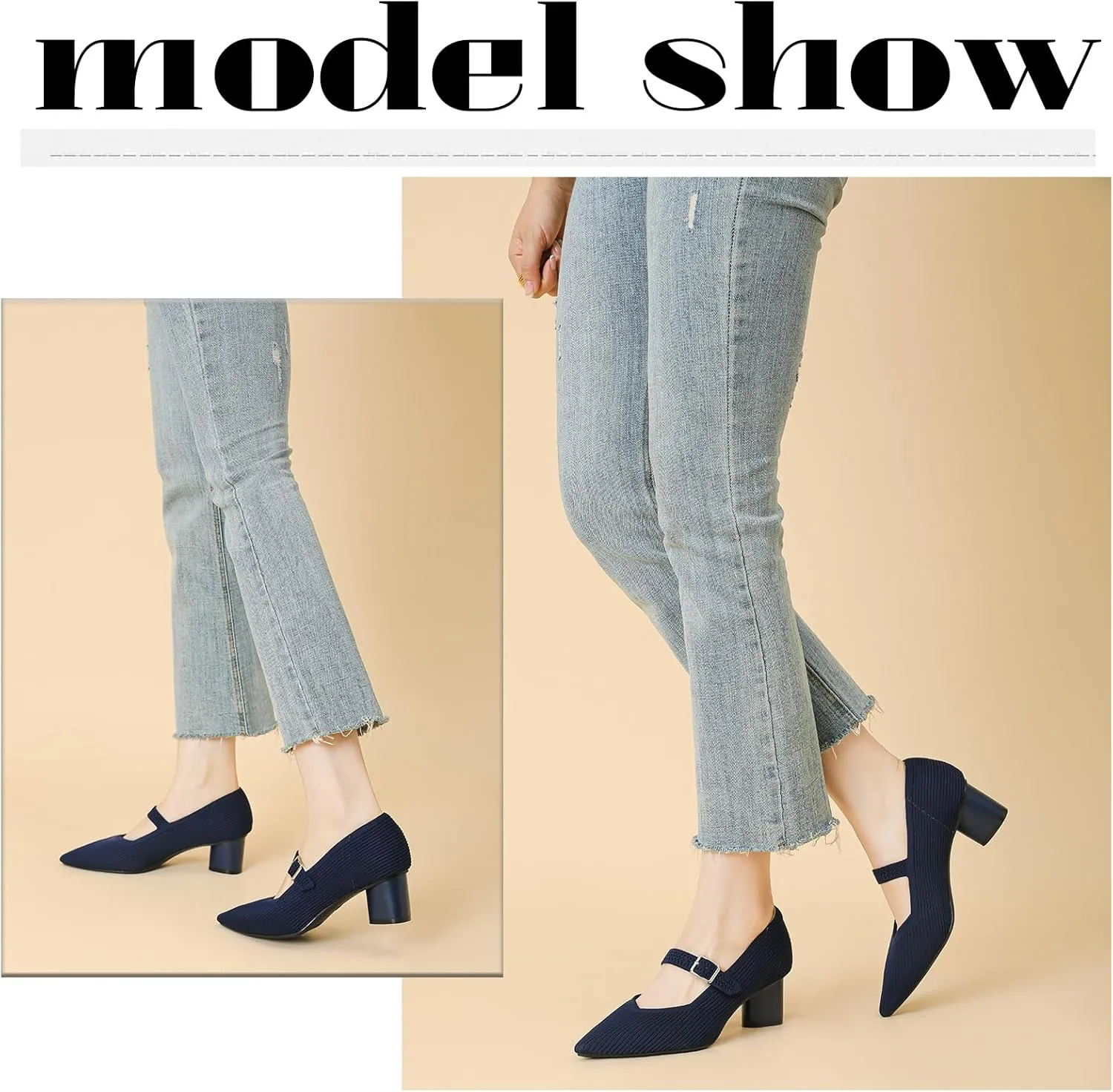 Women's Knit Mary Janes Chunky Heel Pumps with Adjust Buckle Strap Fashion Breathable Closed Pointed Toe Low Block Heels Dress Shoes for Party Office Work Shoes