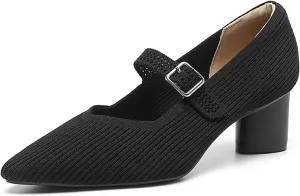 Women's Knit Mary Janes Chunky Heel Pumps with Adjust Buckle Strap Fashion Breathable Closed Pointed Toe Low Block Heels Dress Shoes for Party Office Work Shoes