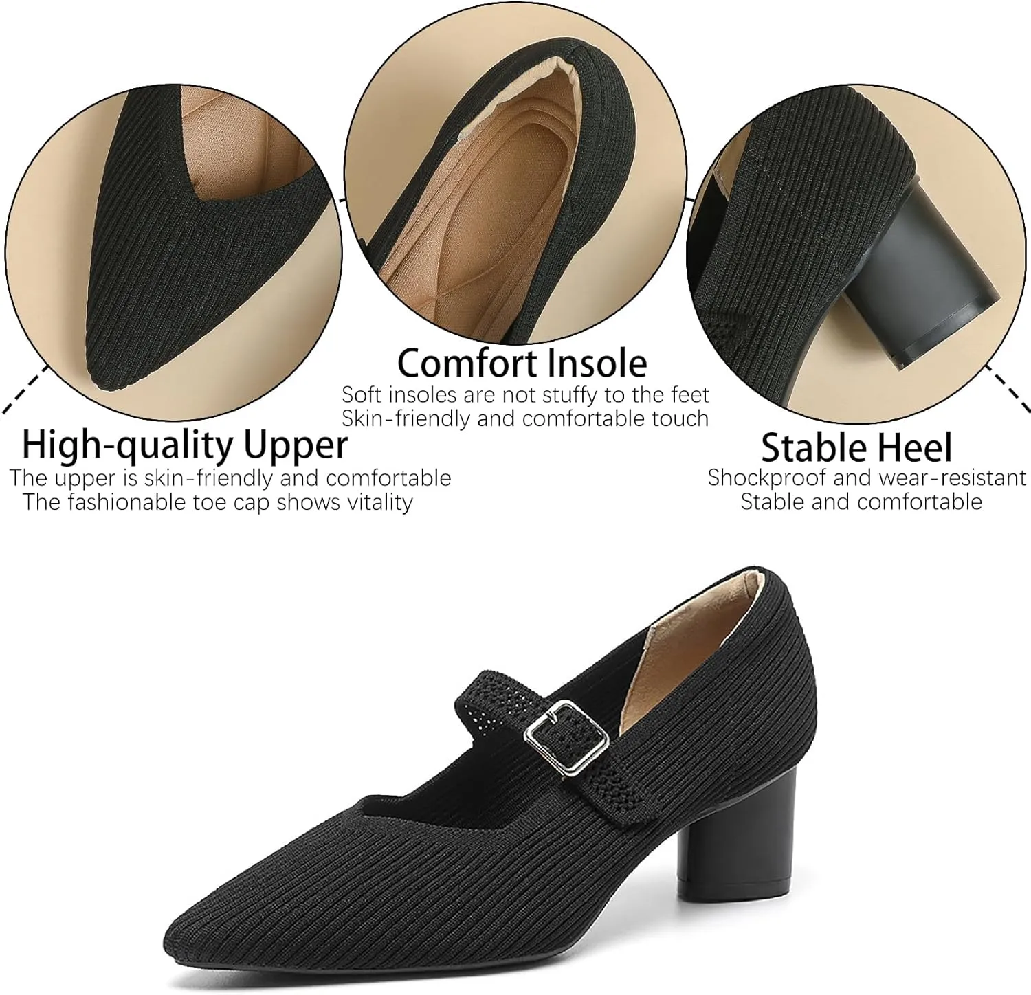 Women's Knit Mary Janes Chunky Heel Pumps with Adjust Buckle Strap Fashion Breathable Closed Pointed Toe Low Block Heels Dress Shoes for Party Office Work Shoes