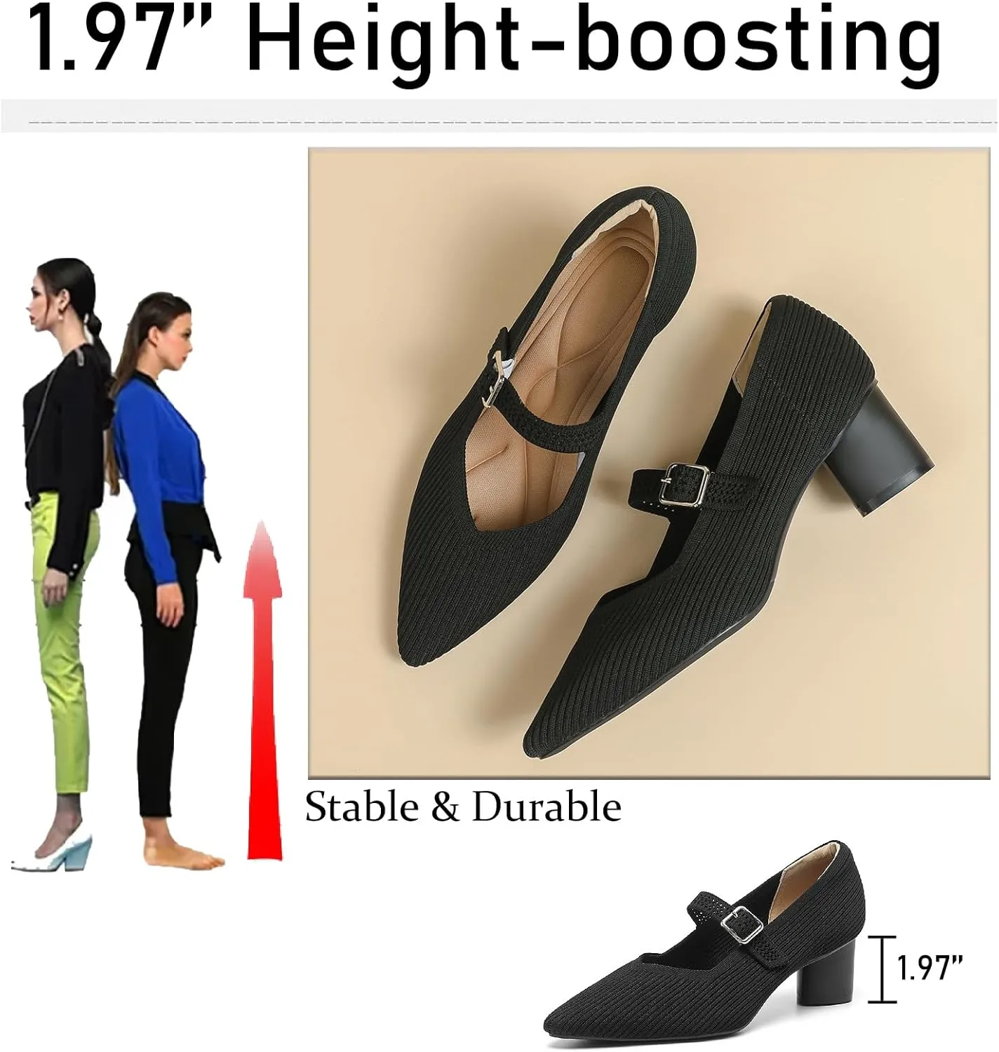 Women's Knit Mary Janes Chunky Heel Pumps with Adjust Buckle Strap Fashion Breathable Closed Pointed Toe Low Block Heels Dress Shoes for Party Office Work Shoes