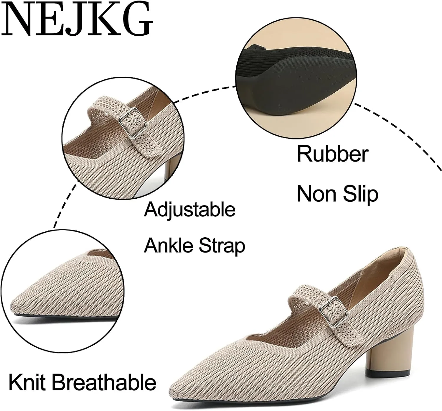 Women's Knit Mesh Chunky Heel Mary Jane Shoes Sexy Pointed Toe Ankle Strap Lightweight Breathable Dress Shoes for Wedding Party Office