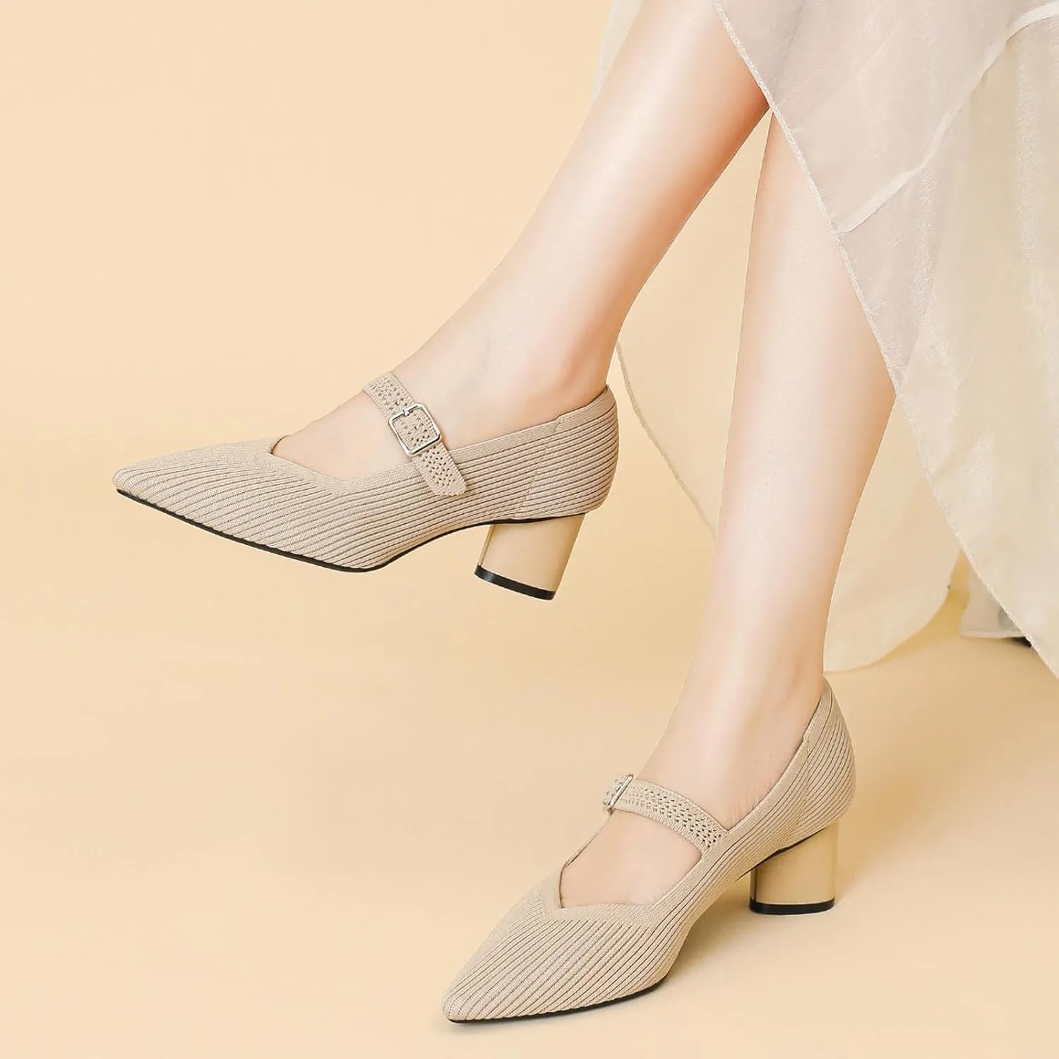 Women's Knit Mesh Chunky Heel Mary Jane Shoes Sexy Pointed Toe Ankle Strap Lightweight Breathable Dress Shoes for Wedding Party Office