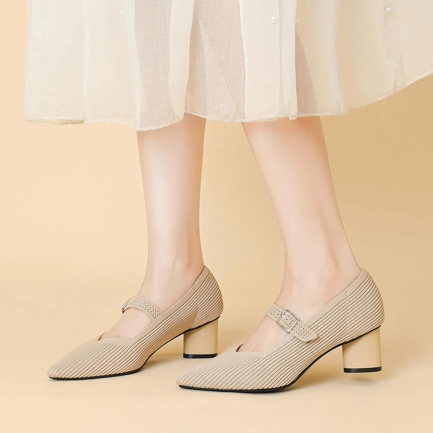 Women's Knit Mesh Chunky Heel Mary Jane Shoes Sexy Pointed Toe Ankle Strap Lightweight Breathable Dress Shoes for Wedding Party Office