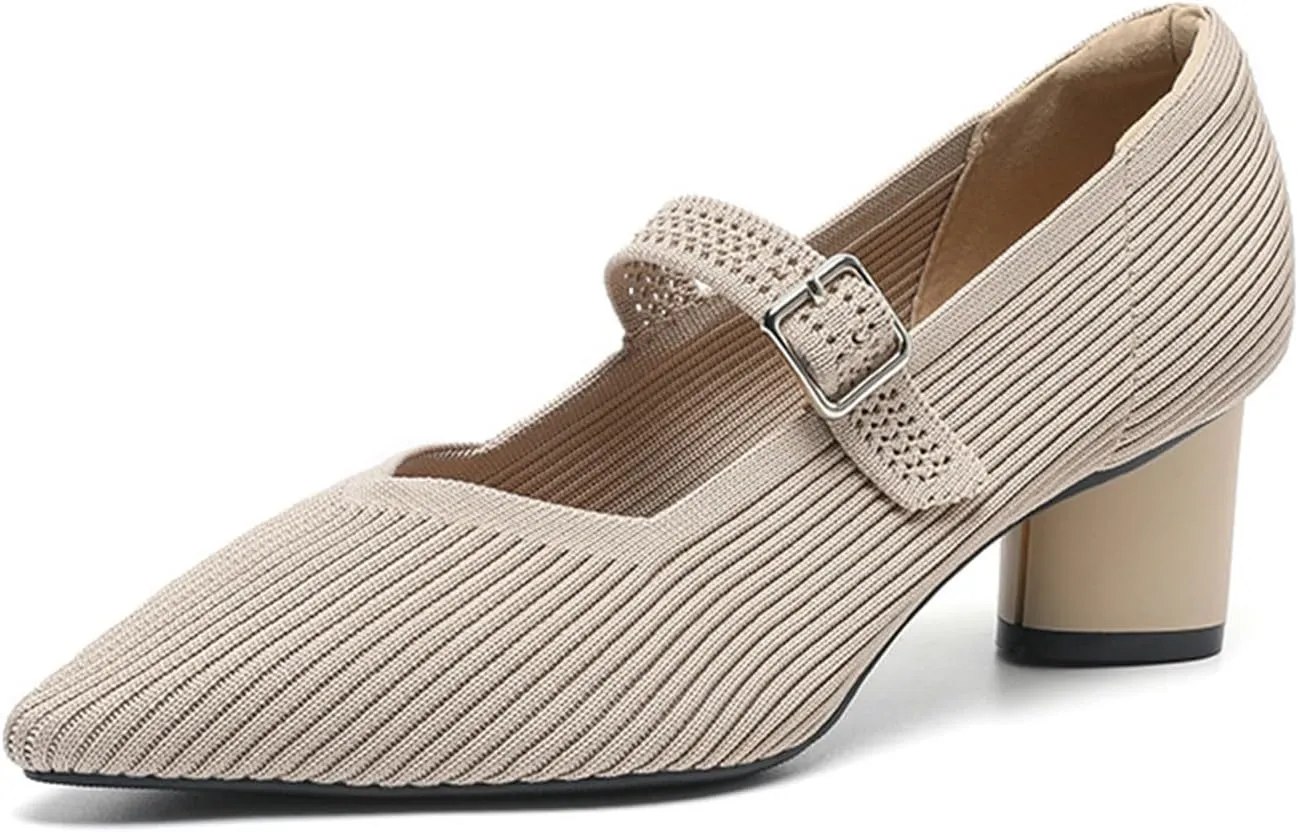 Women's Knit Mesh Chunky Heel Mary Jane Shoes Sexy Pointed Toe Ankle Strap Lightweight Breathable Dress Shoes for Wedding Party Office