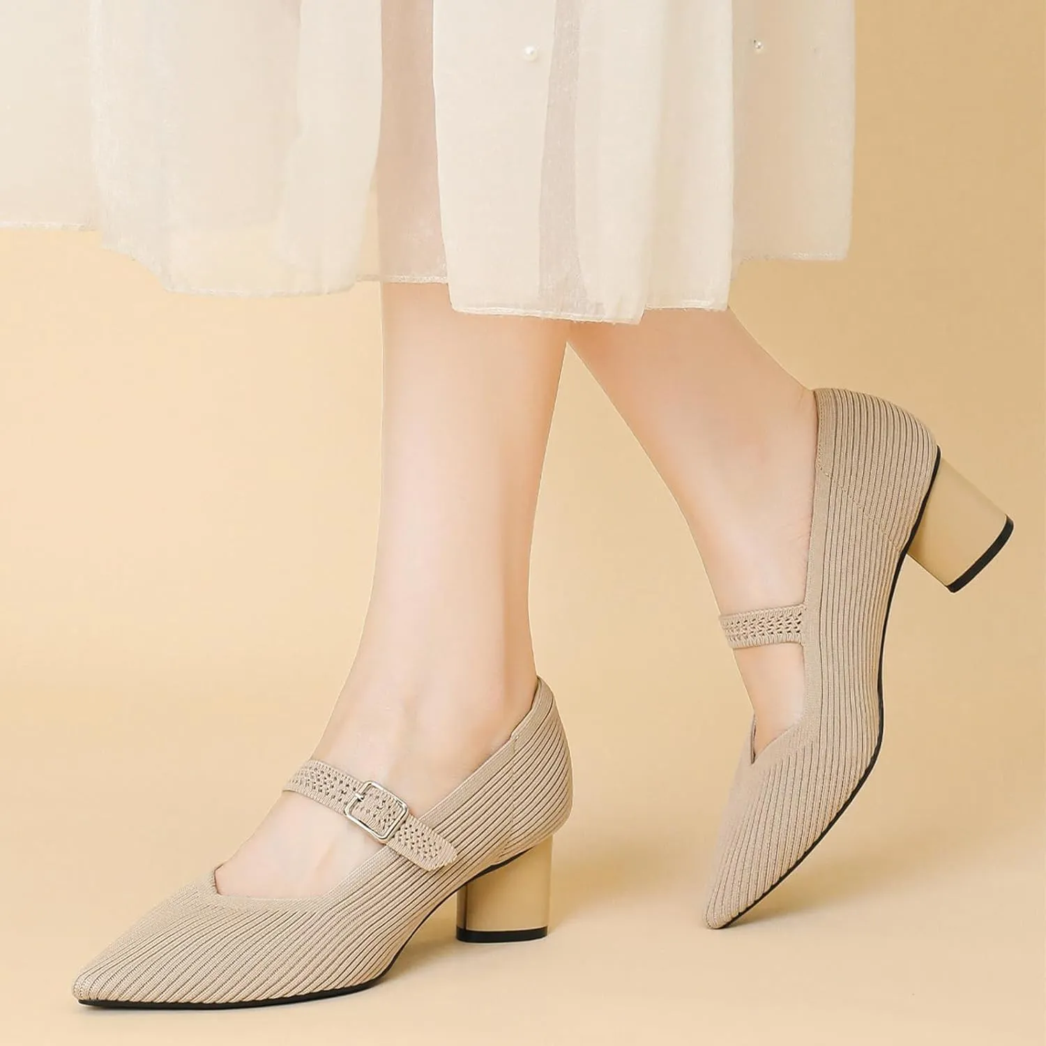 Women's Knit Mesh Chunky Heel Mary Jane Shoes Sexy Pointed Toe Ankle Strap Lightweight Breathable Dress Shoes for Wedding Party Office