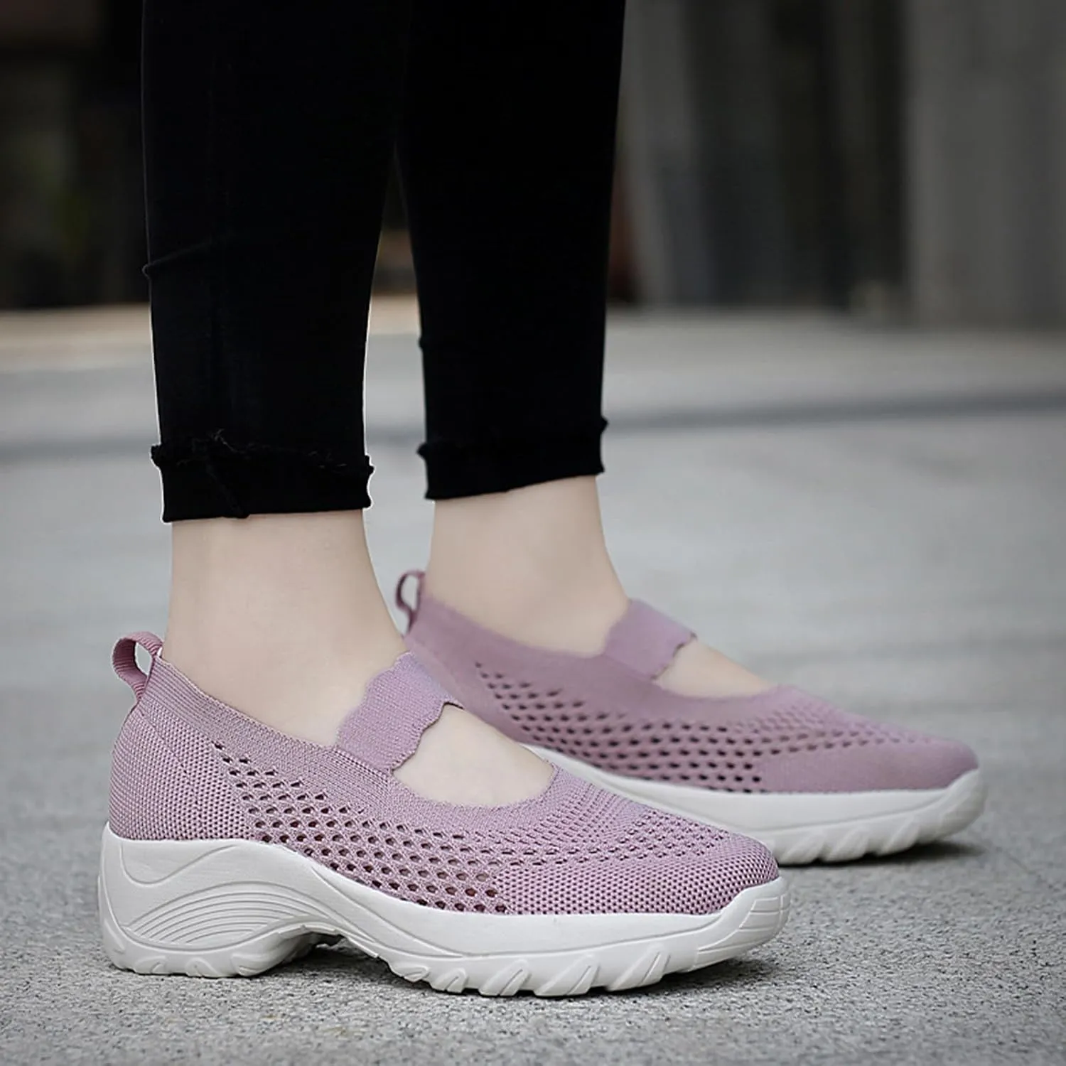 Women's Knitting Platform Wedge Orthopedic Mary Jane Walking Shoes Comfortable Breathable Mesh Elastic Ankle Strap Arch Support Memory Foam Sole Gym Running Sneakers