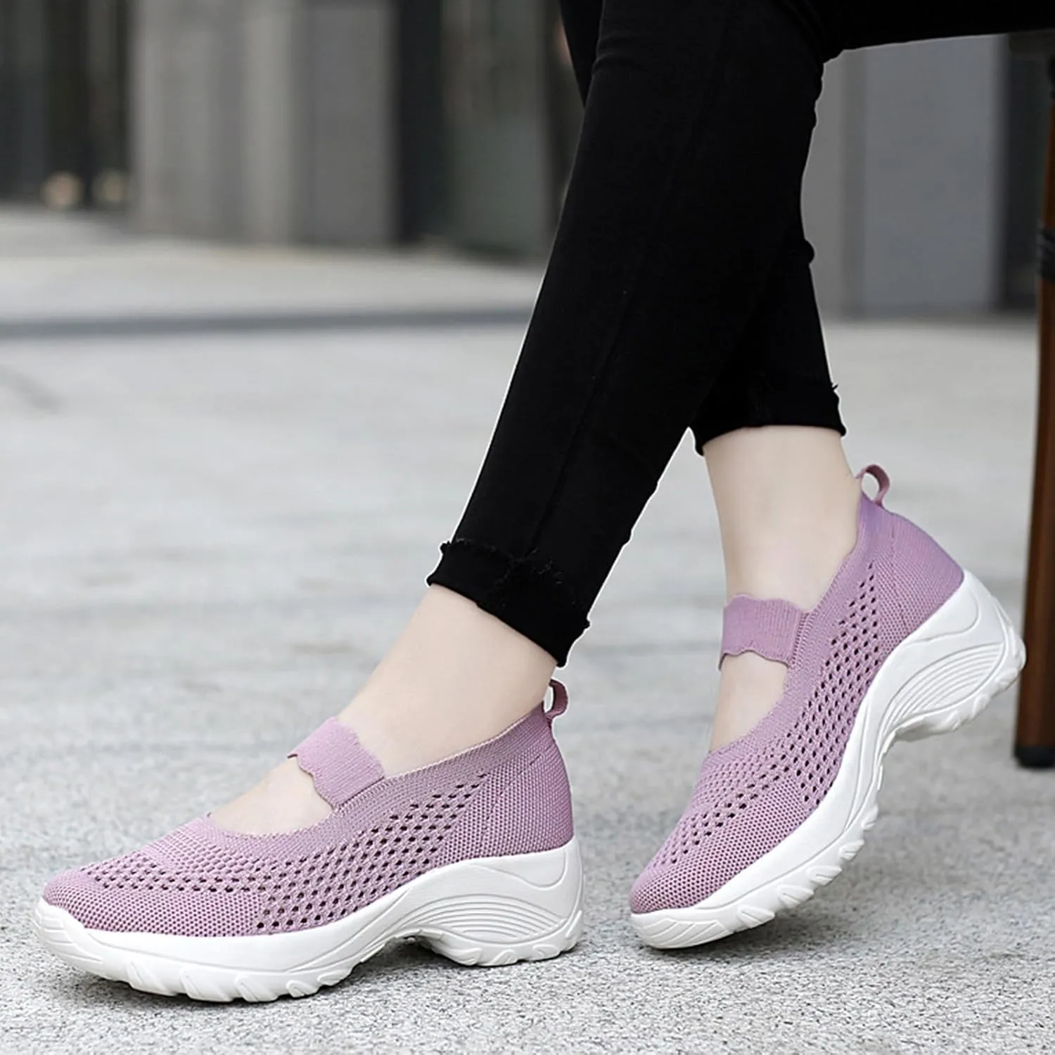 Women's Knitting Platform Wedge Orthopedic Mary Jane Walking Shoes Comfortable Breathable Mesh Elastic Ankle Strap Arch Support Memory Foam Sole Gym Running Sneakers