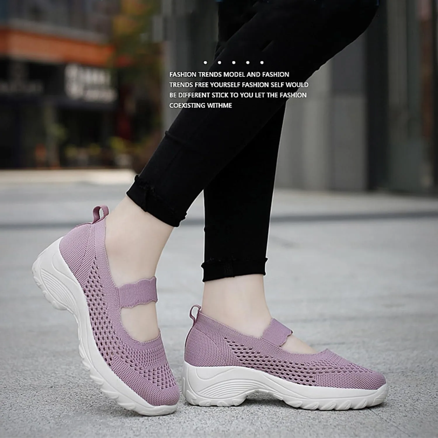 Women's Knitting Platform Wedge Orthopedic Mary Jane Walking Shoes Comfortable Breathable Mesh Elastic Ankle Strap Arch Support Memory Foam Sole Gym Running Sneakers