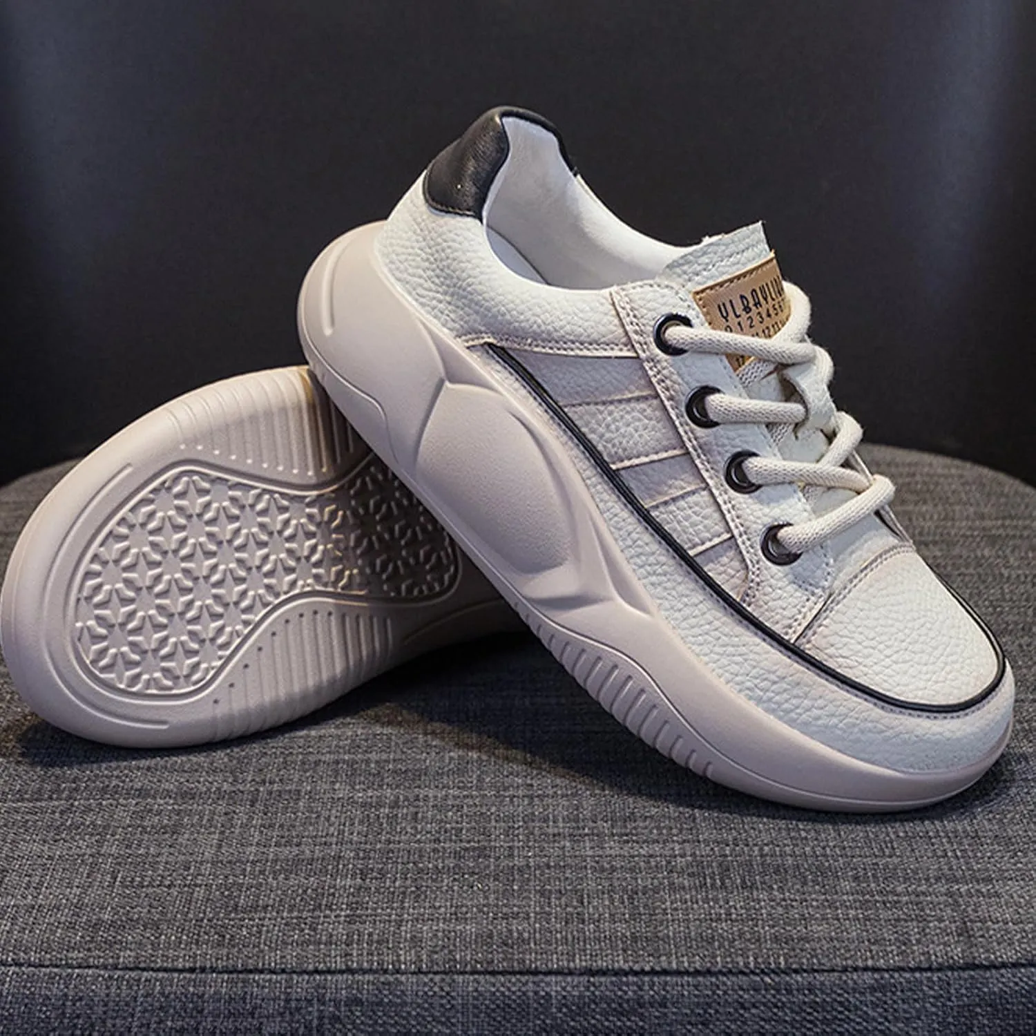 Women's Leather Platform Sneakers Lace Up Round Toe Tennis Shoes Casual Comfortable Walking Shoes