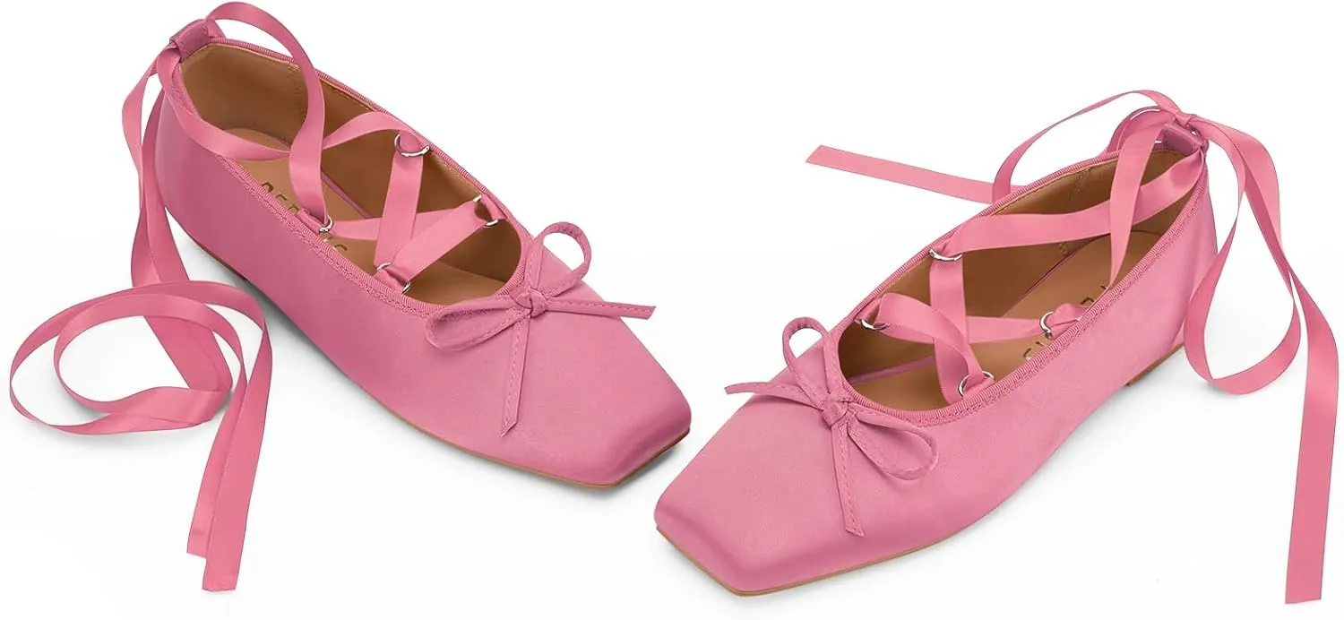 Women's Satin Ballet Flats Light Pink Closed Square Toe Bow Ballerina Slippers Comfy Lace Up Flat Shoes Strappy Mary Janes Cute Elegant Pumps for Ladies Dressy