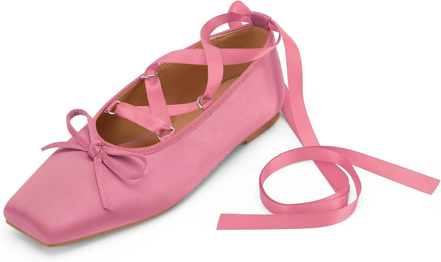 Women's Satin Ballet Flats Light Pink Closed Square Toe Bow Ballerina Slippers Comfy Lace Up Flat Shoes Strappy Mary Janes Cute Elegant Pumps for Ladies Dressy