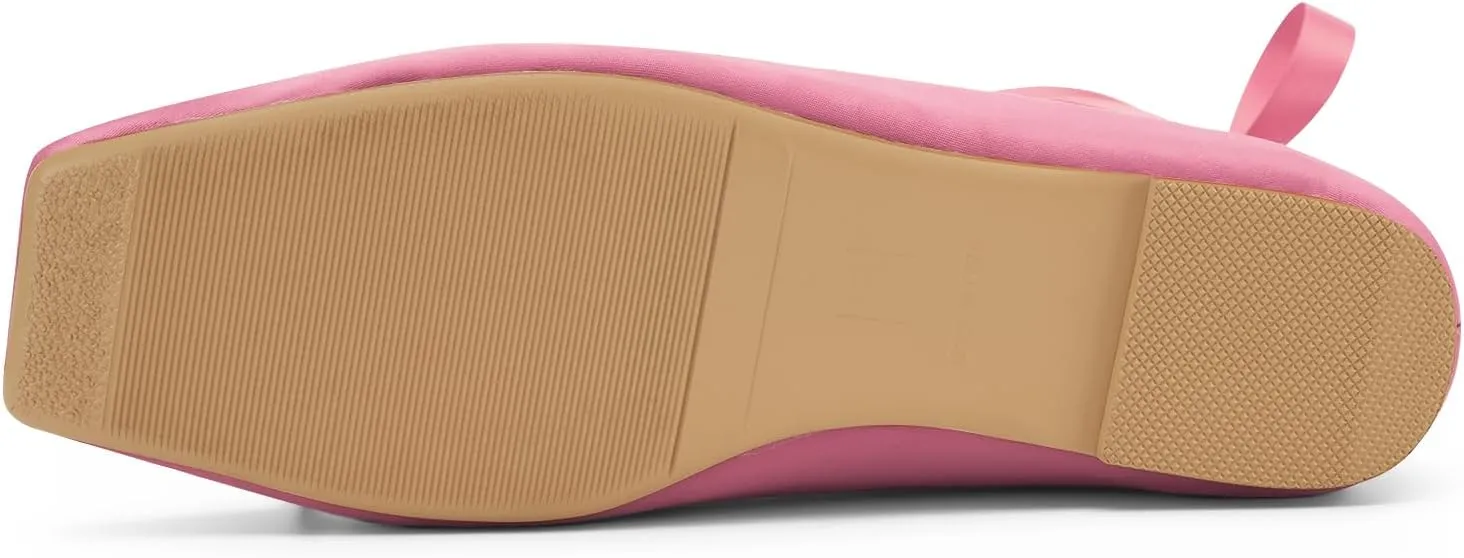 Women's Satin Ballet Flats Light Pink Closed Square Toe Bow Ballerina Slippers Comfy Lace Up Flat Shoes Strappy Mary Janes Cute Elegant Pumps for Ladies Dressy