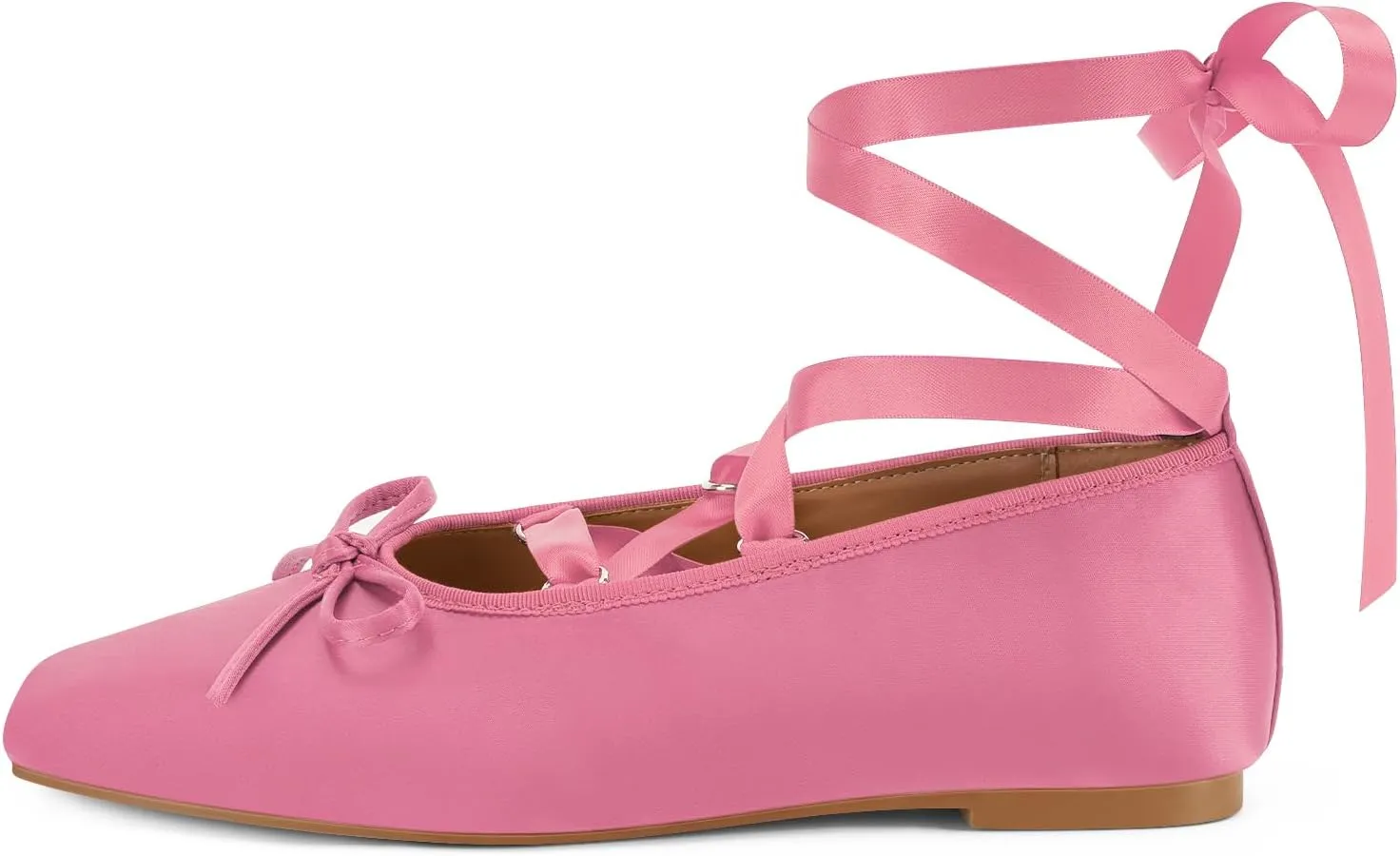 Women's Satin Ballet Flats Light Pink Closed Square Toe Bow Ballerina Slippers Comfy Lace Up Flat Shoes Strappy Mary Janes Cute Elegant Pumps for Ladies Dressy