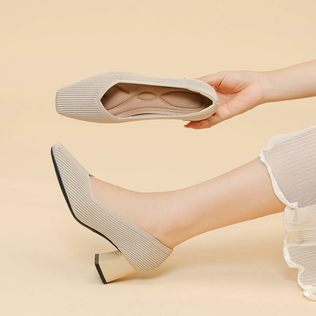 Women's Square Toe Pumps Knit Dress Shoes Comfortable Low Wedge Mesh Shoes for Women Slip On Pumps with Chunky Heel Shoes Classic Soft Mary Jane Shoes