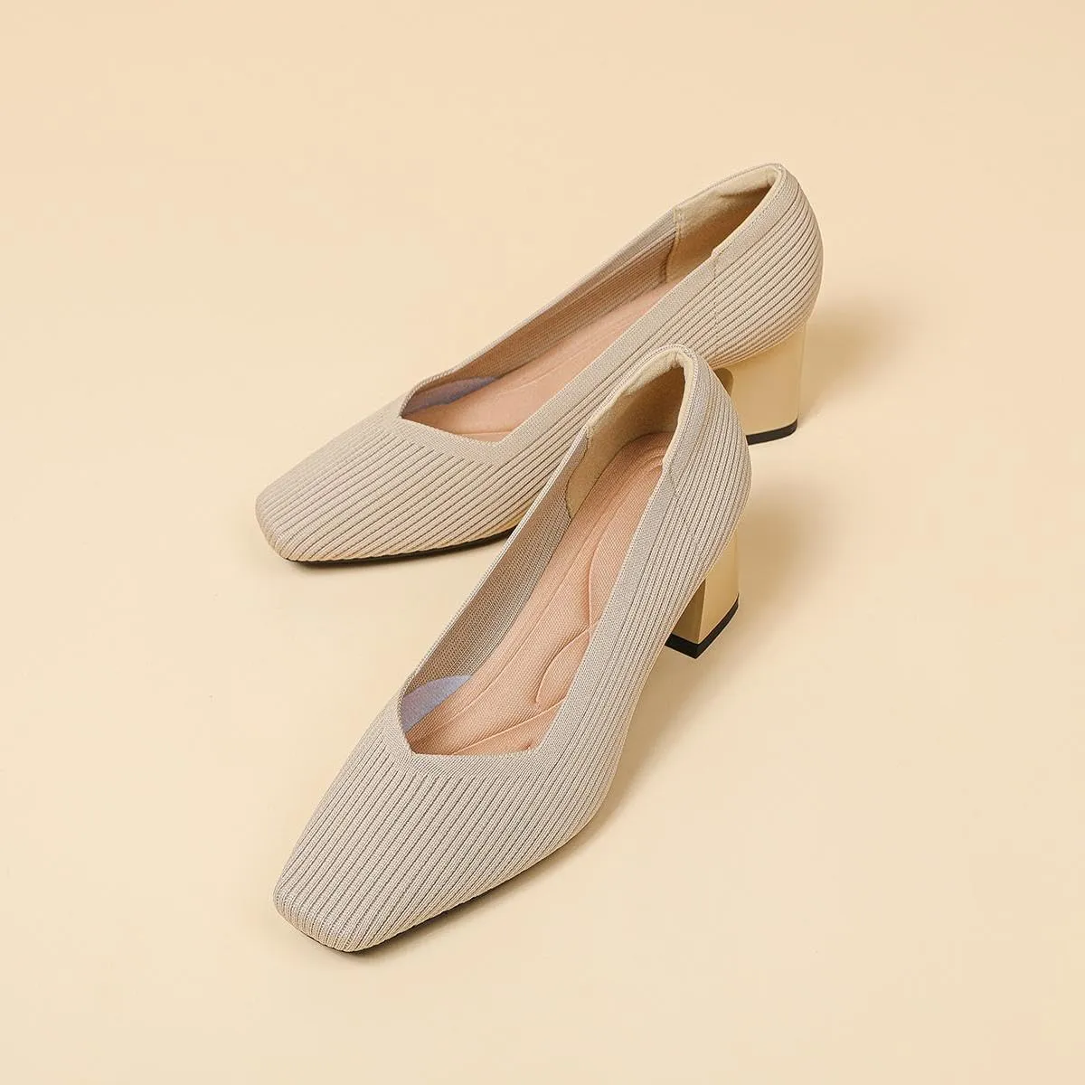 Women's Square Toe Pumps Knit Dress Shoes Comfortable Low Wedge Mesh Shoes for Women Slip On Pumps with Chunky Heel Shoes Classic Soft Mary Jane Shoes