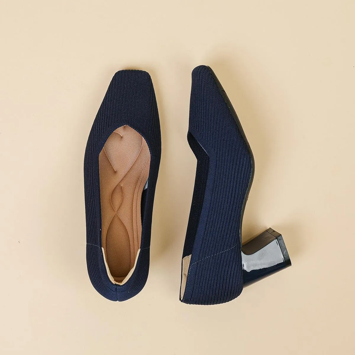 Women's Square Toe Pumps Knit Dress Shoes Comfortable Low Wedge Mesh Shoes for Women Slip On Pumps with Chunky Heel Shoes Classic Soft Mary Jane Shoes