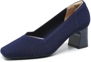Women's Square Toe Pumps Knit Dress Shoes Comfortable Low Wedge Mesh Shoes for Women Slip On Pumps with Chunky Heel Shoes Classic Soft Mary Jane Shoes