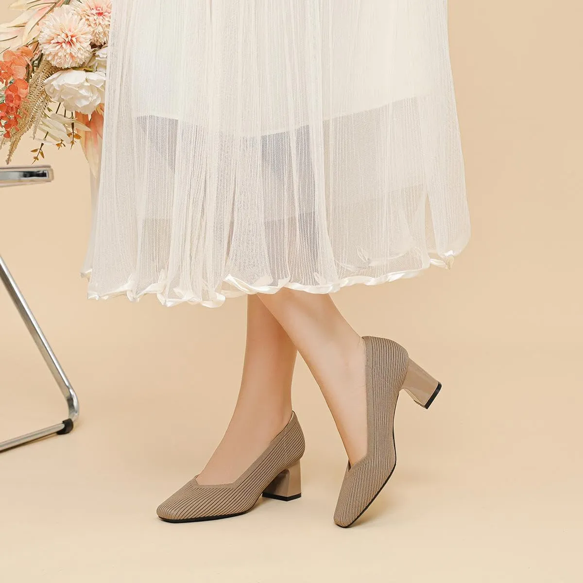 Women's Square Toe Pumps Knit Dress Shoes Comfortable Low Wedge Mesh Shoes for Women Slip On Pumps with Chunky Heel Shoes Classic Soft Mary Jane Shoes