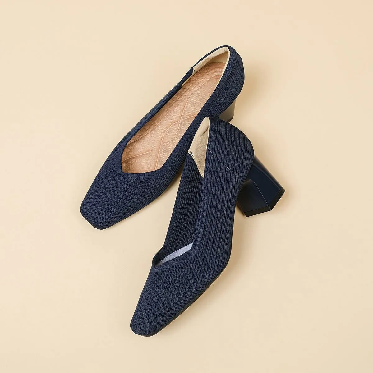 Women's Square Toe Pumps Knit Dress Shoes Comfortable Low Wedge Mesh Shoes for Women Slip On Pumps with Chunky Heel Shoes Classic Soft Mary Jane Shoes