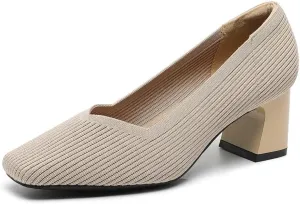 Women's Square Toe Pumps Knit Dress Shoes Comfortable Low Wedge Mesh Shoes for Women Slip On Pumps with Chunky Heel Shoes Classic Soft Mary Jane Shoes