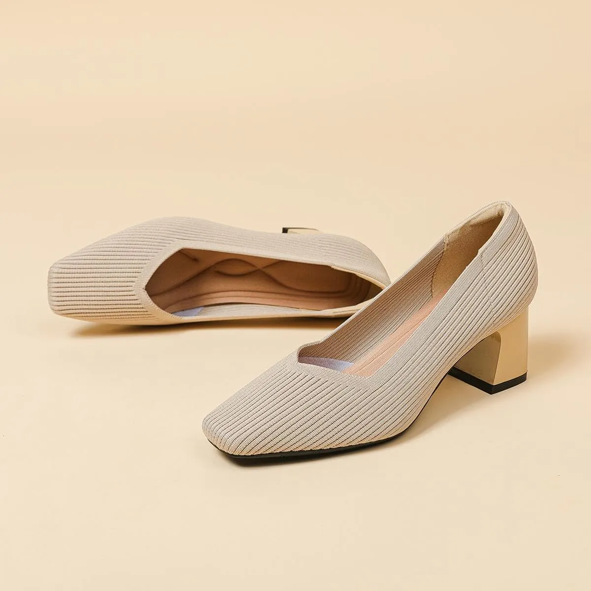 Women's Square Toe Pumps Knit Dress Shoes Comfortable Low Wedge Mesh Shoes for Women Slip On Pumps with Chunky Heel Shoes Classic Soft Mary Jane Shoes