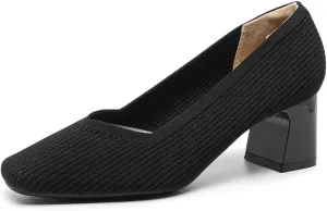 Women's Square Toe Pumps Knit Dress Shoes Comfortable Low Wedge Mesh Shoes for Women Slip On Pumps with Chunky Heel Shoes Classic Soft Mary Jane Shoes