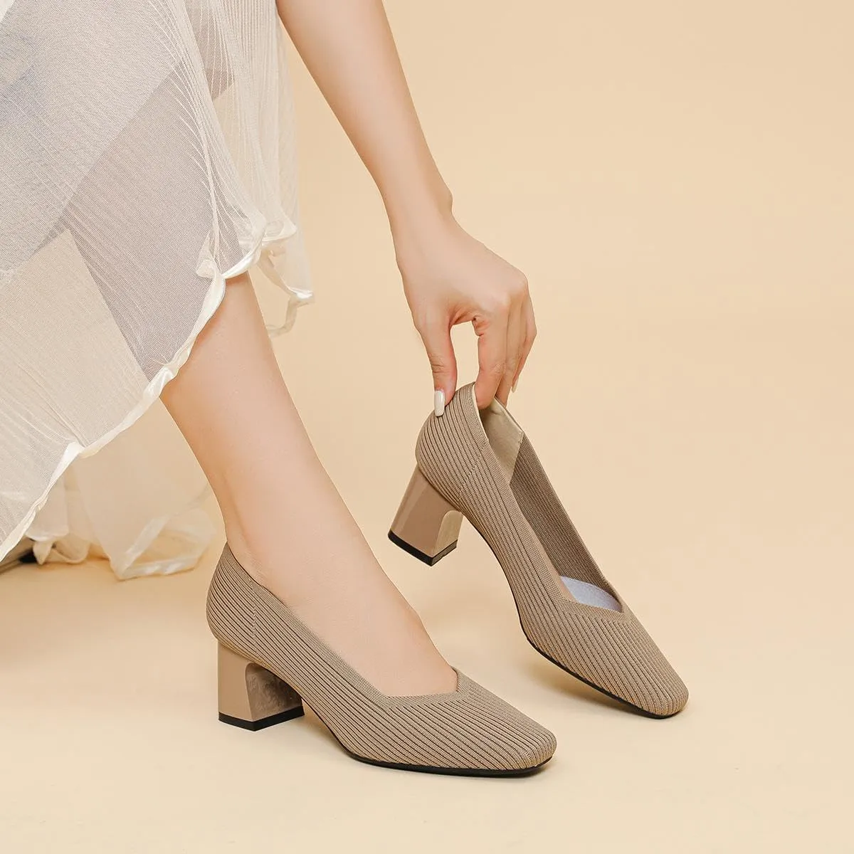 Women's Square Toe Pumps Knit Dress Shoes Comfortable Low Wedge Mesh Shoes for Women Slip On Pumps with Chunky Heel Shoes Classic Soft Mary Jane Shoes
