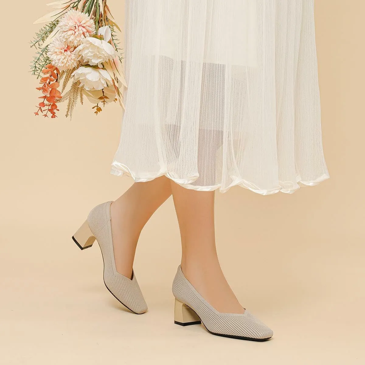 Women's Square Toe Pumps Knit Dress Shoes Comfortable Low Wedge Mesh Shoes for Women Slip On Pumps with Chunky Heel Shoes Classic Soft Mary Jane Shoes