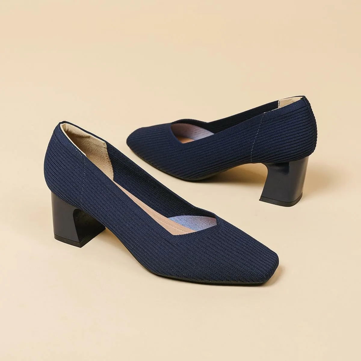 Women's Square Toe Pumps Knit Dress Shoes Comfortable Low Wedge Mesh Shoes for Women Slip On Pumps with Chunky Heel Shoes Classic Soft Mary Jane Shoes