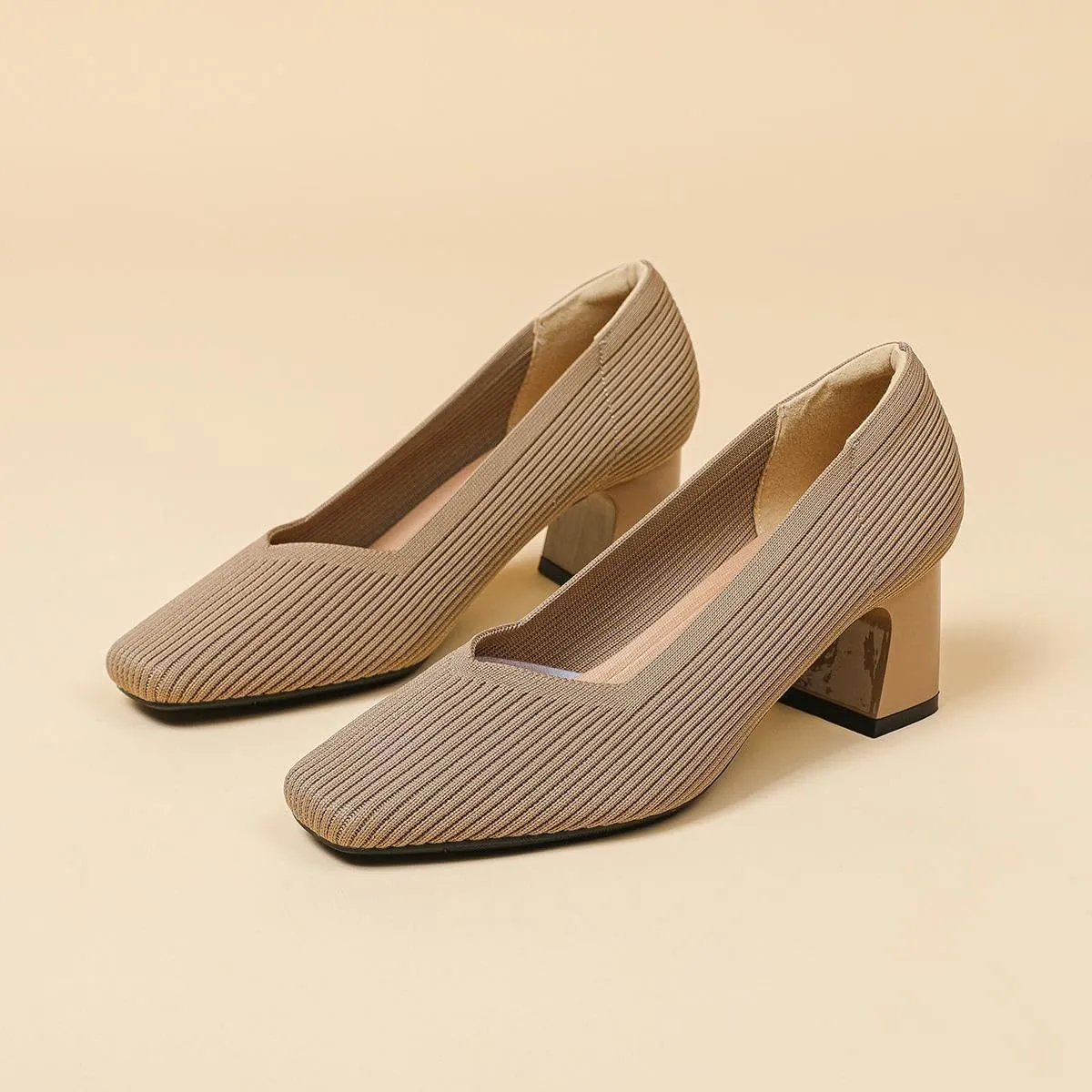 Women's Square Toe Pumps Knit Dress Shoes Comfortable Low Wedge Mesh Shoes for Women Slip On Pumps with Chunky Heel Shoes Classic Soft Mary Jane Shoes