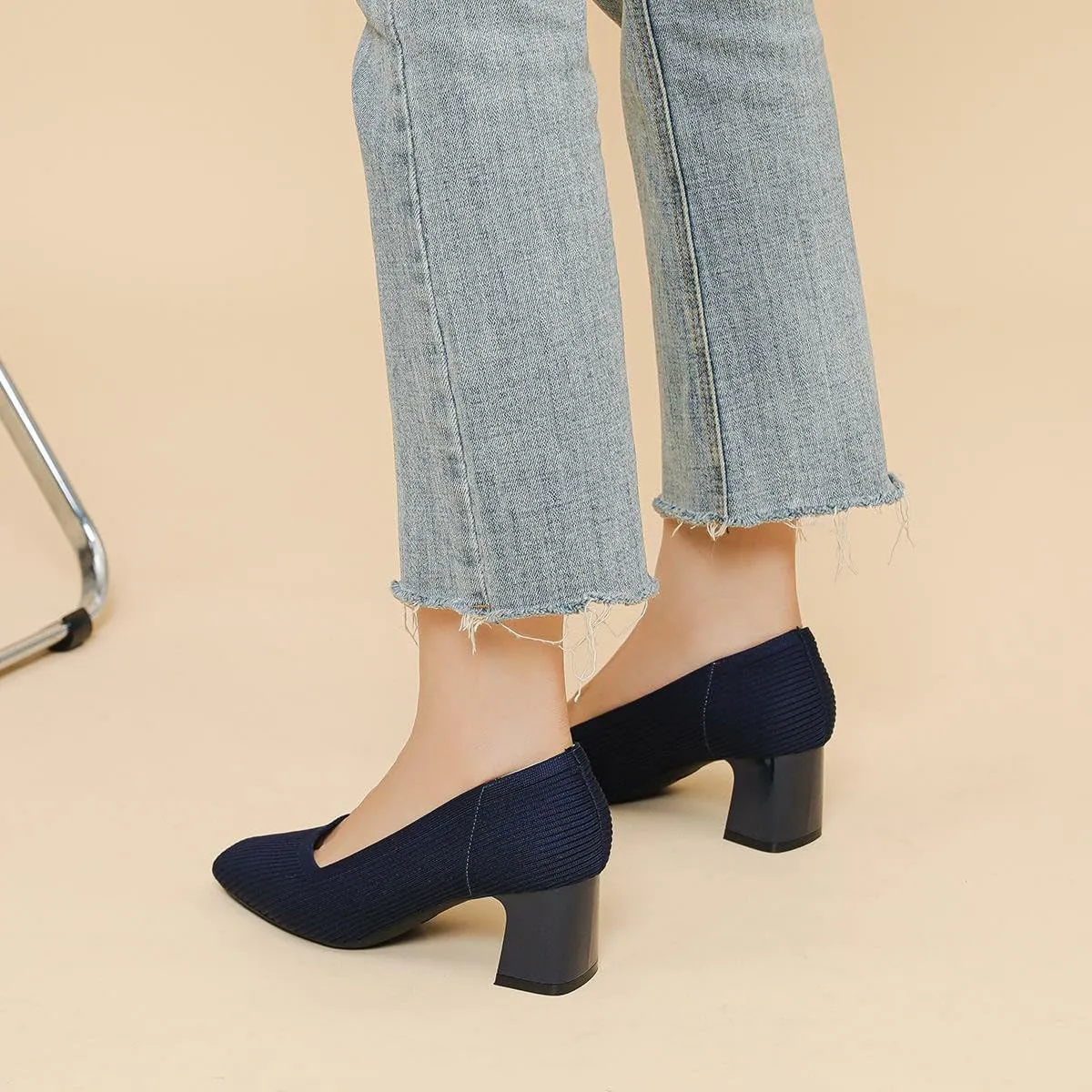 Women's Square Toe Pumps Knit Dress Shoes Comfortable Low Wedge Mesh Shoes for Women Slip On Pumps with Chunky Heel Shoes Classic Soft Mary Jane Shoes