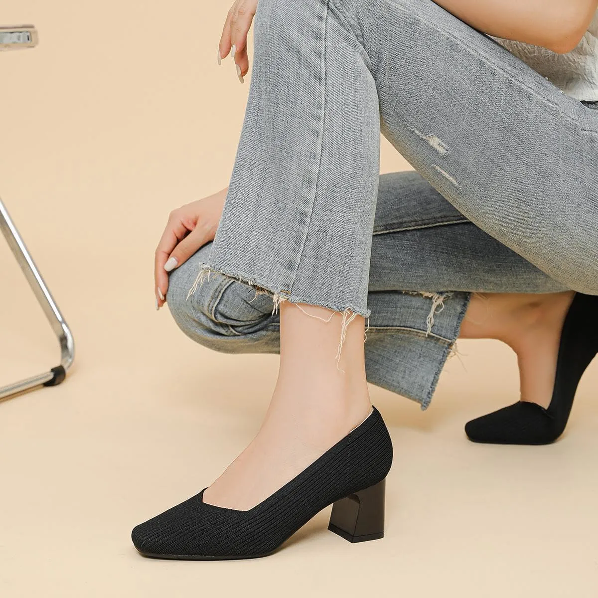 Women's Square Toe Pumps Knit Dress Shoes Comfortable Low Wedge Mesh Shoes for Women Slip On Pumps with Chunky Heel Shoes Classic Soft Mary Jane Shoes