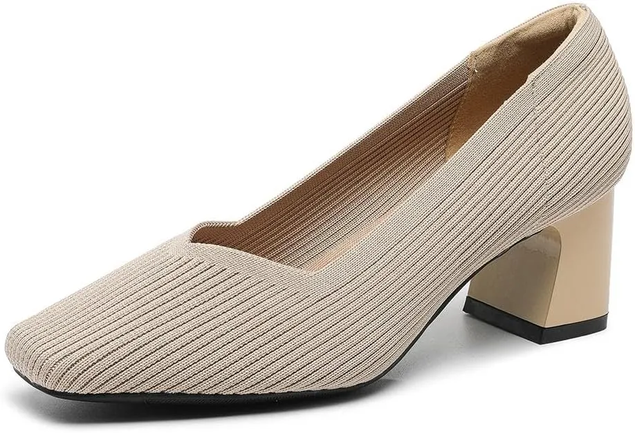Women's Square Toe Pumps Knit Dress Shoes Comfortable Low Wedge Mesh Shoes for Women Slip On Pumps with Chunky Heel Shoes Classic Soft Mary Jane Shoes