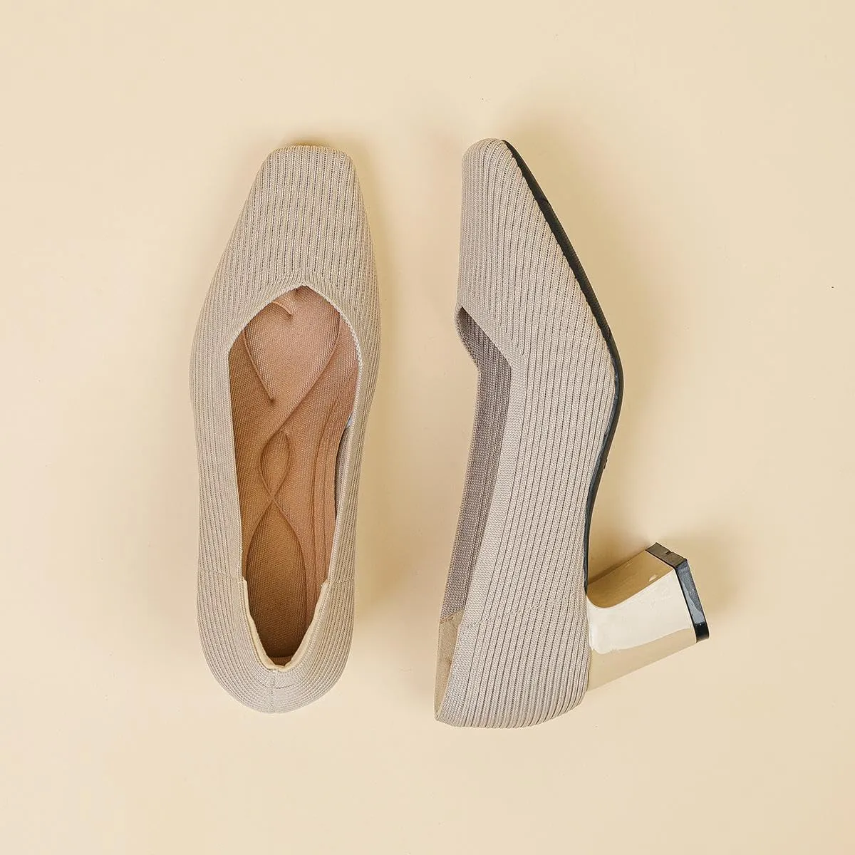 Women's Square Toe Pumps Knit Dress Shoes Comfortable Low Wedge Mesh Shoes for Women Slip On Pumps with Chunky Heel Shoes Classic Soft Mary Jane Shoes