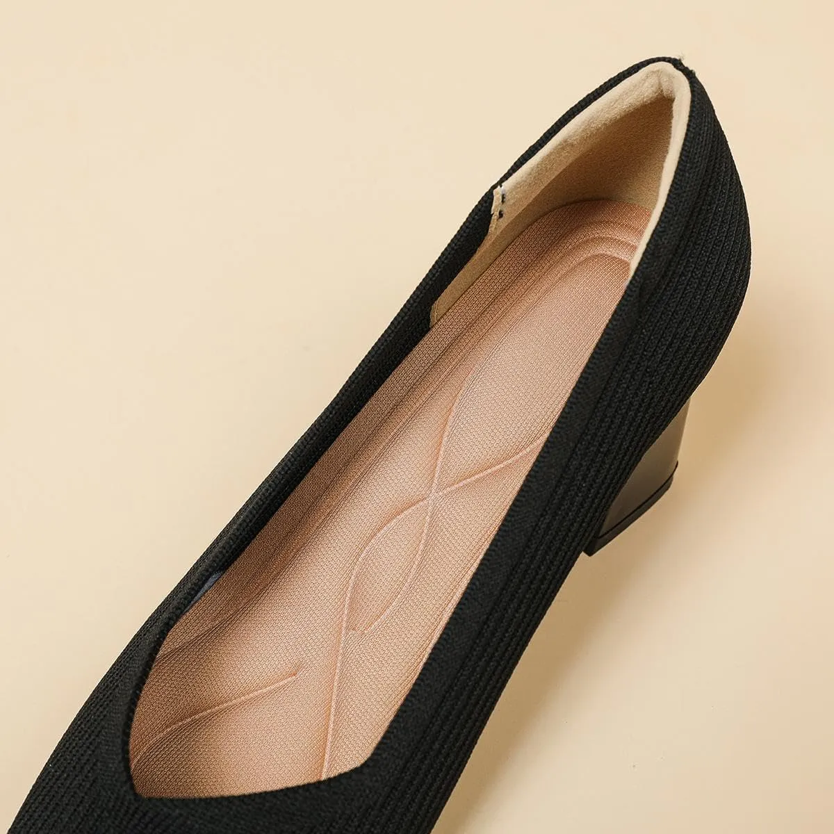 Women's Square Toe Pumps Knit Dress Shoes Comfortable Low Wedge Mesh Shoes for Women Slip On Pumps with Chunky Heel Shoes Classic Soft Mary Jane Shoes
