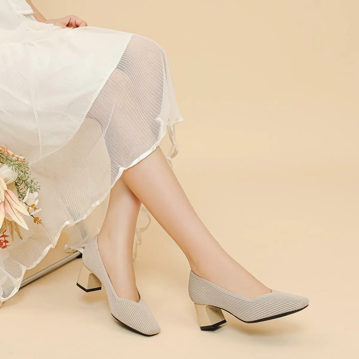 Women's Square Toe Pumps Knit Dress Shoes Comfortable Low Wedge Mesh Shoes for Women Slip On Pumps with Chunky Heel Shoes Classic Soft Mary Jane Shoes